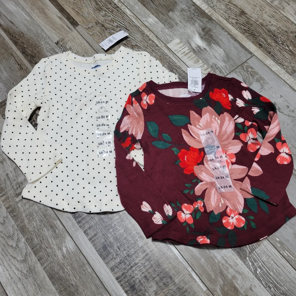 New Baby Girl's Old Navy 2 Piece Long Sleeve Thermal Printed Shirts Size 18-24M